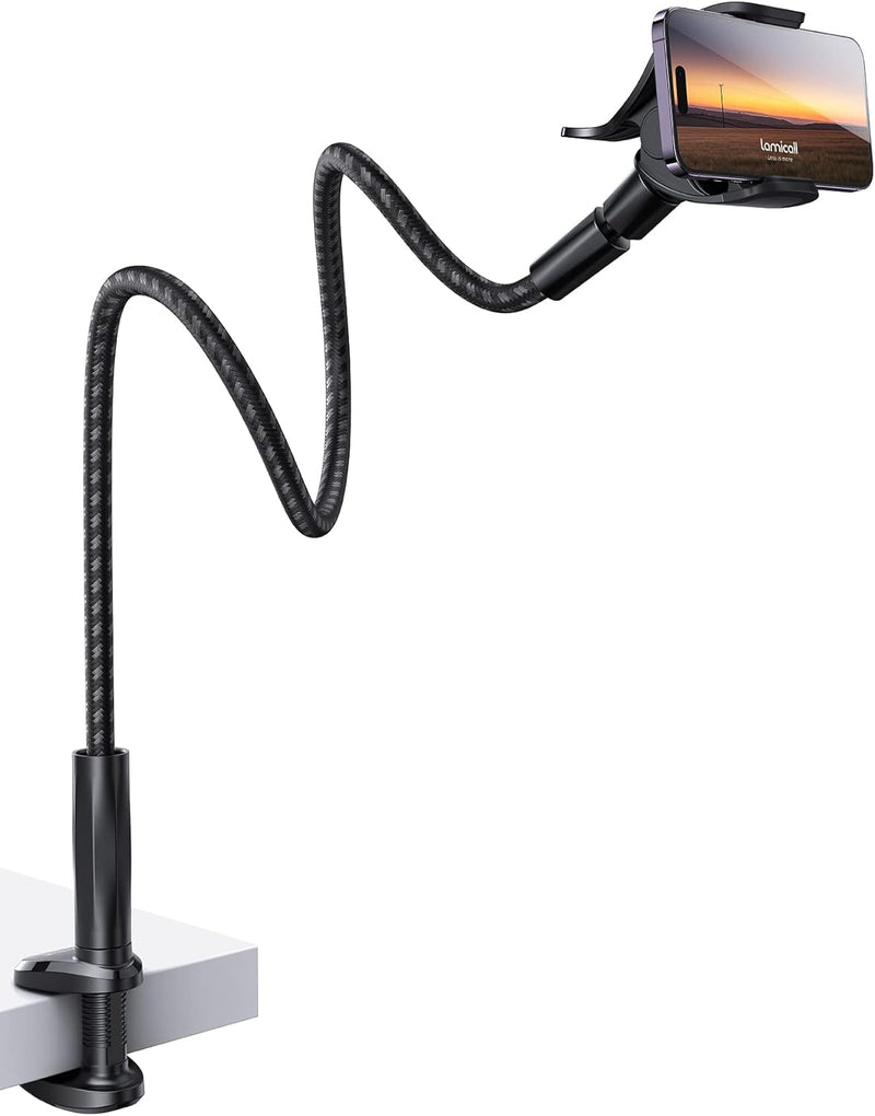 Lamicall Gooseneck Phone Holder Bed - Newest Nylon Braided Flexible Arm, Overall Length 38inch, 360 Adjustable Clamp Clip, Overhead Cell Phone Mount Stand for Bed, Desk, 4-7 Cellphone - Black