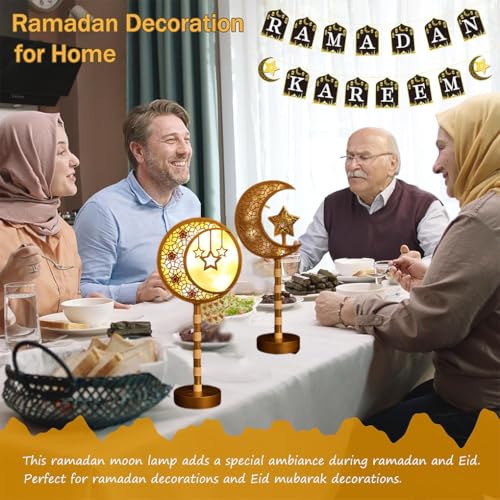 Goodern Ramadan Decorations Lights,Eid Mubarak Table Moon Lamp,Ramadan Kareem Crafts Night Light for Kids,Islamic Muslim Ornament Gifts,Gold Decorative Ramadan Lights with Moon Shape for Party Decor