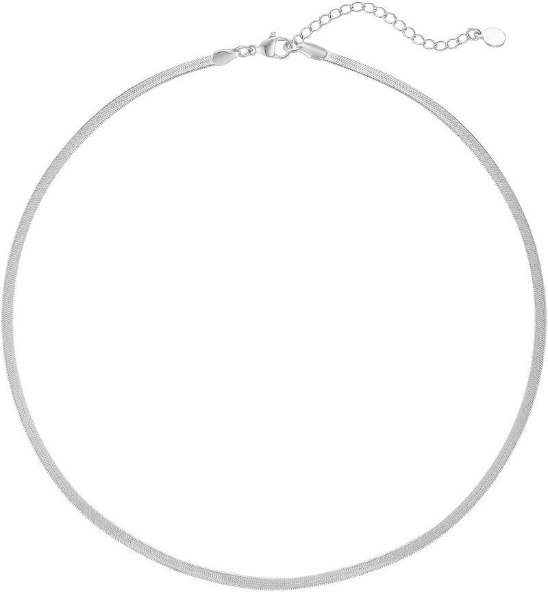 14K Gold Plated Dainty Choker Necklace for Women Girls Snake Chain, Cuban Link, Paperclip, Ball Beaded Chain, Natural Freshwater Pearl Necklace Fashion Jewelry for Gift - Silver Snake Chain - 3mm - 18"