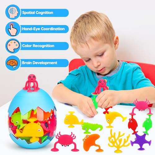 Toddler Suction Cup Bath Toys, Ocean Animal Bath Toys for Kids Ages 1-3 4-8 No Hole Mold Free Bathtub Toys for Toddlers 2-4 3-5 Kids Travel Window Building Toys for 2 3 4 5 Year Old Boys Girls Gifts