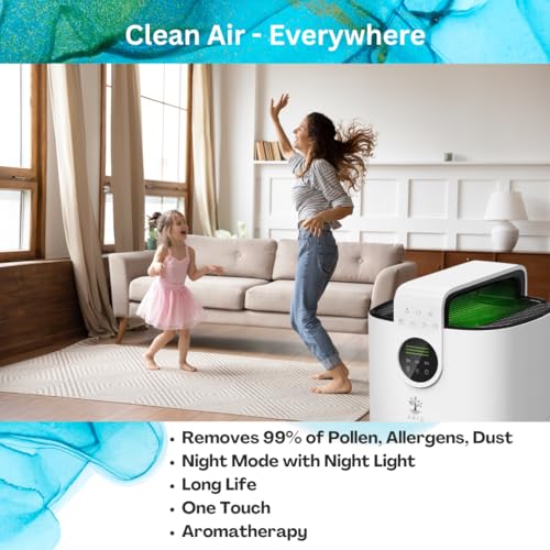 ARIA Portable Air Purifier | HEPA13 Filter | Covers 100m² | PM2.5 Monitor | Touch Controls, Quiet | Air Filter Change Alert | CADR 260m³/hr | Essential Oil Tray | Removes Odor Dust Pet Allergens