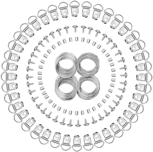 JOEJNCED 100pcs Picture Hanging kit, Picture Hanging Hardware with Wire Picture Hanging Kit, Wall Hooks for Hanging Pictures with Wire, Screw, D Ring, Loop Sleeves for Picture Frame, Mirror, Art
