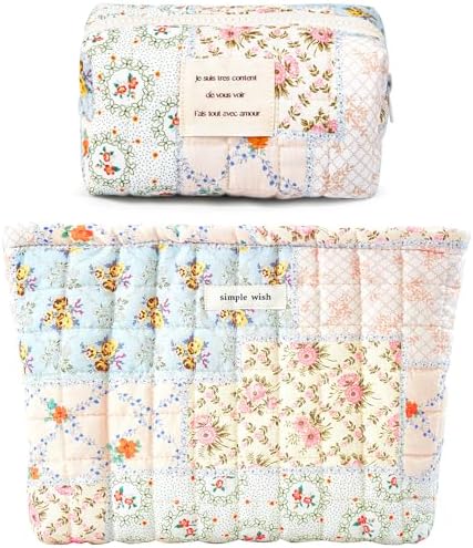 Sminra Floral Makeup Bag Large Cotton Quilted Cosmetic Makeup Bag Organizer, Aesthetic Portable Pouch Purse Toiletry Bag for Women Girls Travel accessories(Blue Floral-L)