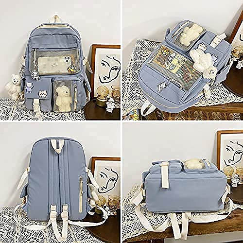 Student Kawaii Backpacks For Teen Girls, Fashion Cute Bookbag, Kawaii Backpack with Kawaii Pin and Accessories, Cute Kawaii Backpack for School (1Bear pendant 3 badges 2 drawing paper)