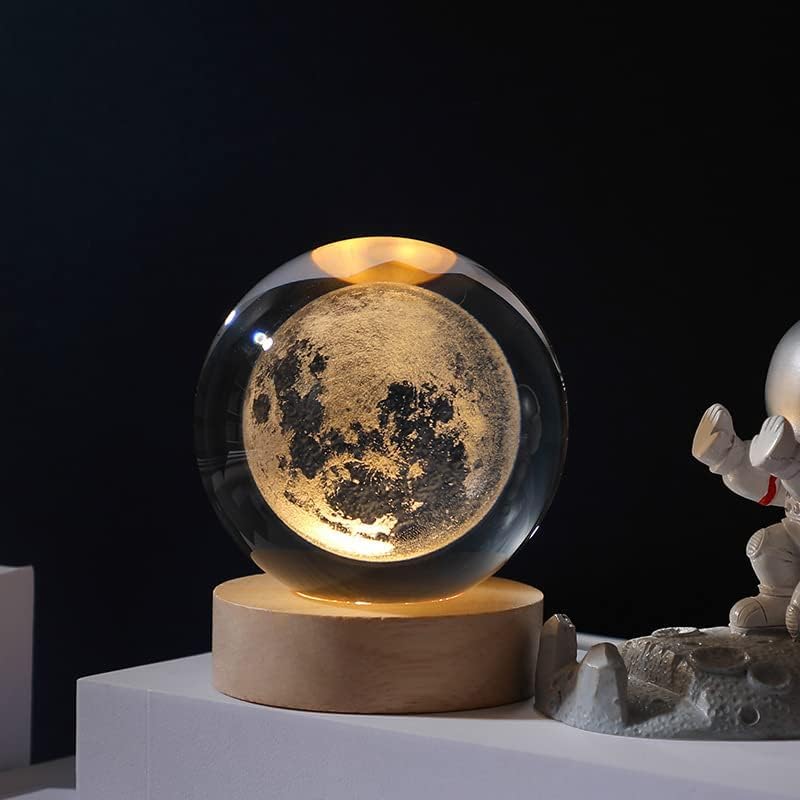 EETU Crystal Glass Ball Night Light,3D Solar System Nightlight Wooden LED Display Base Stand Home Decor Birthday Gifts Decorations Lamp Funny Table Lamp Warm Light for Kids (Moon)