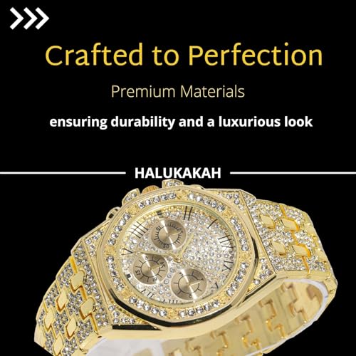 Halukakah Diamonds Watch Iced Out for Boy Teens Kids - 18K Real Gold/Platinum Plated,40mm Roman Numerals Octagonal Dial,Japanese Quartz - 20cm Length -Optional with Cuban Link Chain,with Adjuster Tool