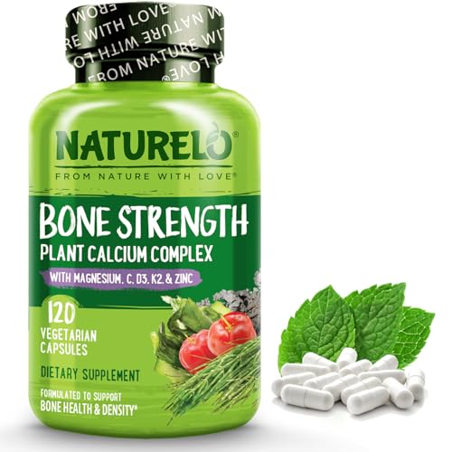 NATURELO Bone Strength - Calcium Magnesium Supplement for Bone Health - Plant-Based, Whole Food Formula with Potassium, Vitamins C, K2, D3 - Non-GMO, Soy-Free, Gluten-Free - 120 Vegan Friendly Capsule