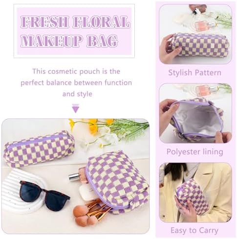 ZLFSRQ 3Pcs Checkered Makeup Bag for Women Large Cosmetic Bag Set Travel Toiletry Bag Makeup Pouch Bag for Purse Pink Zipper Storage Bag Organizer Cute Small Aesthetic Girls Car Essentials Bag
