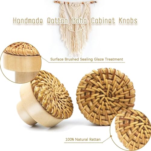 X spring Wooden Drawer Knobs, 6pcs 35x30mm Round Rattan Dresser Knobs, Cabinet Pulls and Knobs with Handmade Wicker Woven and Screws for Boho Furniture Knobs Cabinets Dresser Handles Hardware