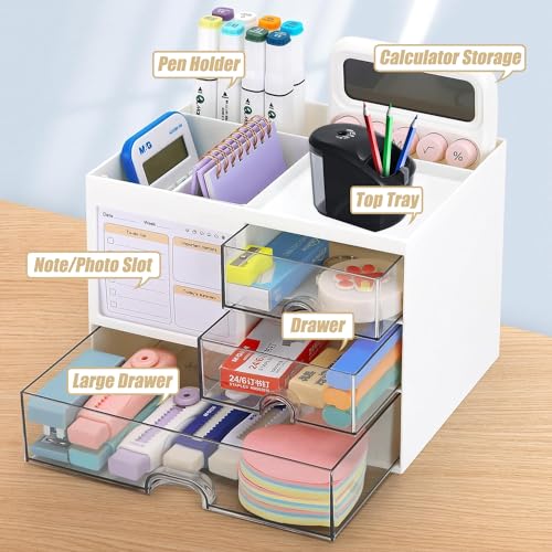 Angju Desk Organizer with 3 Drawer, Multi-Functional Pencil Pen Holder for Desk, Desk Organizers and Storage with 5 Compartments, Desktop Organizer for Office Home Art Supplies and Cosmetic