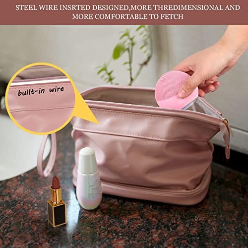 NAWOKEENY® Double Layer Cosmetic Bag - Large Capacity Portable Toiletry Bag for Travel, Makeup Organizer, PU Leather, Waterproof (Black)