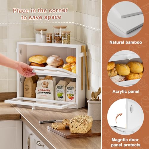 WOWLIVE Corner Bread Box for Kitchen Countertop, Large Double Layer Bread Storage Container for Homemade Bread, Black Bread Holder for Kitchen Counter, Under Cabinet Organizer (White, Medium)