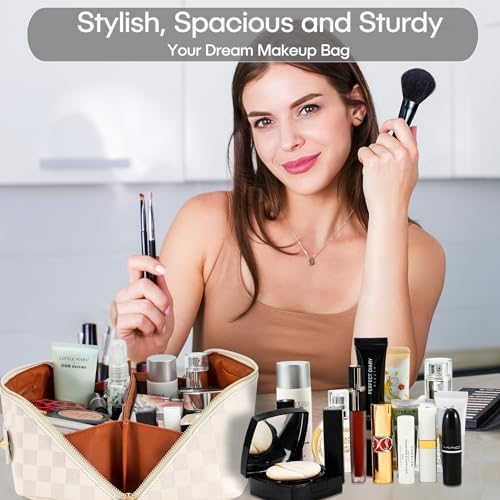 ALEXTINA Large Capacity Travel Cosmetic Bag - Portable Makeup Bags for Women Travel Toiletry Bag Waterproof Leather Checkered Makeup Organizer Bag, Roomy Cosmetic Bag for Women and Girls, Black,