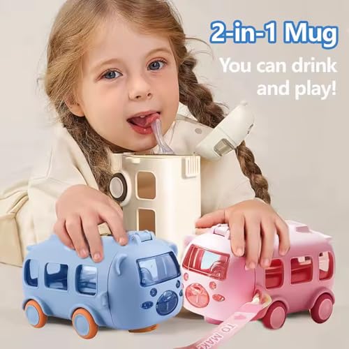 Twisoo Bus Design Water Bottle for Kid with Straw and Sticker Sport Plastic Portable Drinking Bottle for Kids Girls School Camping Trips Supplies with Shoulder Strap (Blue)