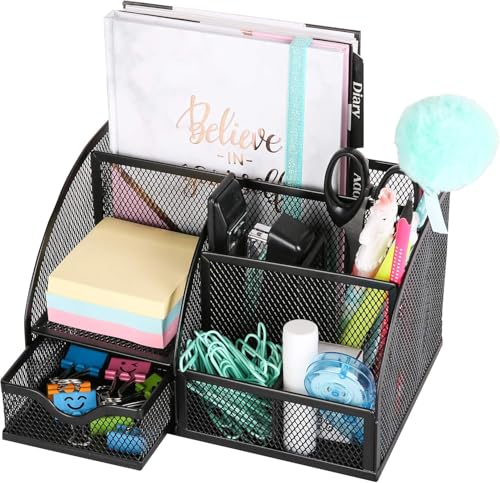 Valuxe Mesh Desk Organizer Pencil Holder with Drawer - All in One Pen Holder for Desk, Multi-Functional Caddy Pen Holder Stationery Desk Accessories Organizer for Office, Home, School, Classroom