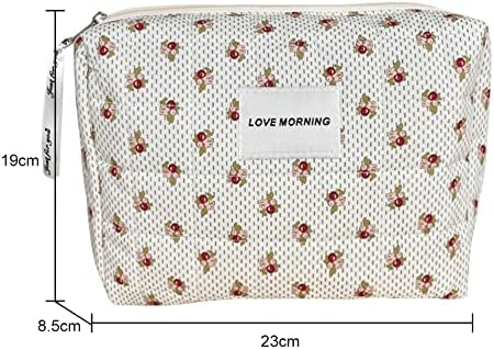 Juoxeepy Cotton Makeup Bag Large Travel Cosmetic Bag Quilted Cosmetic Pouch Coquette Aesthetic Floral Toiletry Bag, A-White, 10x5.9x5.3in