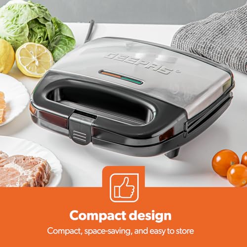 Geepas Portable Powerful 2 Slice Grill Maker with Non-Stick Coated Plates With Safety Locks,Cool Touch Handle & Skid- Resistant Feet, Power On & Ready Light Indicators 750 W GGM6001 Black
