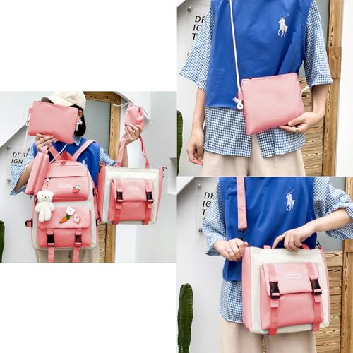 STAYOUNG 5 PCS Backpack for Kids with Cute Bear Accessories - Accessories Aesthetic Rucksack for Teen School Bookbag, Shoulder Bag, Handbag, Pen Pouch & More(Pink)
