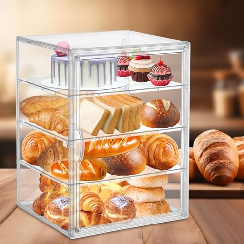 YEXEXINM 4 Layers Adjustable Clear Bread Storage Box for Kitchen Countertop,Large Bread Storage Container, 4 Layers Acrylic Pastry Display Case, Clear Boxes Bread Holder for Bread, Bagel, Muffins