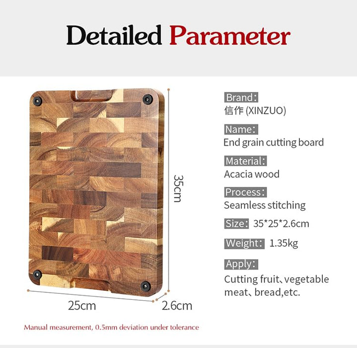 XINZUO End Grain Cutting Board, Acacia Wood, Easier grip for carrying and serving, Beautiful and not easy to crack, Moisture-proof and bacteria-free, Size 35 * 25 * 2.6cm (XHCB-XSM-02)