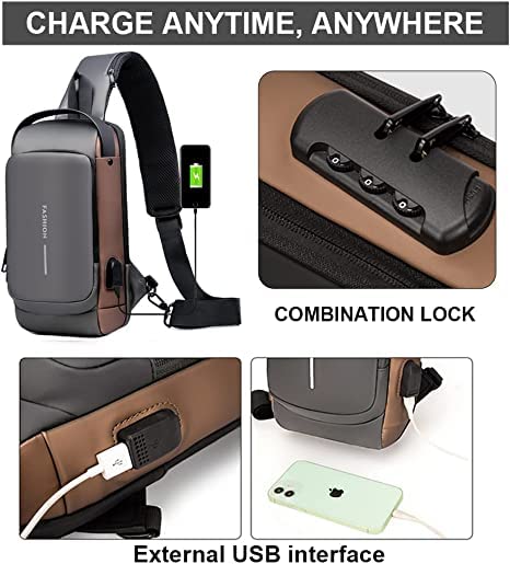Furixin Anti-theft Sling Bag Business Men Bag Chest Crossbody bags with USB Charging Port Waterproof Small Backpack for Outdoor Work Hiking Running Sport Travel Bag Black (B)