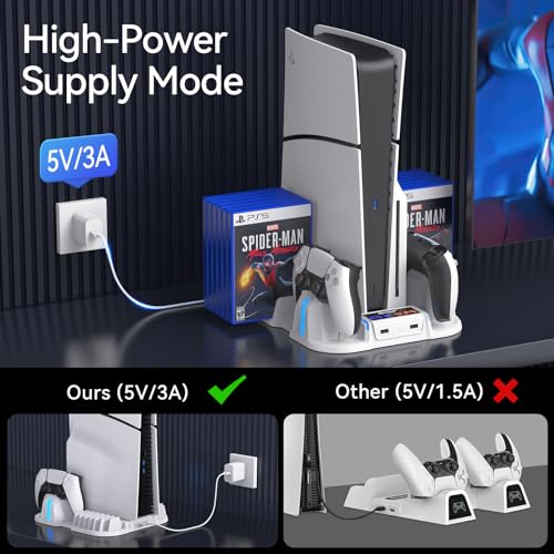 Nepagz PS5 Slim Cooling Stand With Controller Charging Station, 3-Level Fan, 12 Game Storage for PlayStation 5 (Digital/Disc) - White