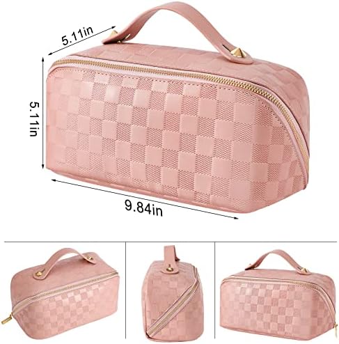 ALEXTINA Large Capacity Travel Cosmetic Bag - Portable Makeup Bags for Women Waterproof PU Leather Checkered Makeup Organizer Bag with Dividers and Handle,Toiletry Bag for Cosmetics, pink
