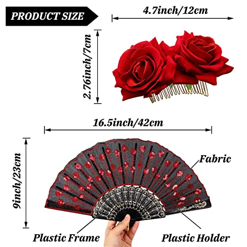 TERRIFI 2 Pieces Women Rose Flower Hair Clip and Embroidered Sequins Fabric Handheld Folding Fan Hair Accessories for Flamenco Dancer Costume Accessories Girl Cosplay Party