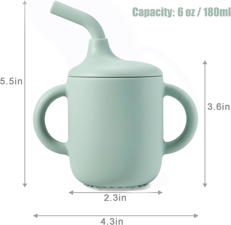 PandaEar 2 Pack 100% Tiny Silicone Drinking Training Cup with Handles & Straw for Baby and Toddler (White Blue)
