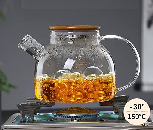 YumLock Glass Teapot with Removable Infuser, Stovetop Safe Teapot for Loose Leaf and Blooming Tea, 1000ML Clear Teapots with Bamboo Lid