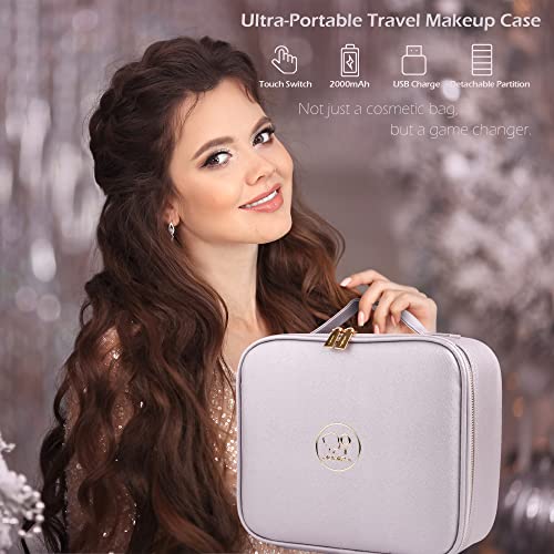 Travel Makeup Bag Cosmetic Bag Makeup Organizer Bag with Lighted Mirror, Adjustable Brightness in 3 Color Scenarios, Waterproof Makeup Train Case, Gift for Women