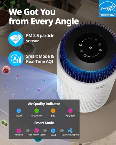 COWAY Air Purifier for Home Bedroom 810 ft², Mood Light Air Quality Indicator, 3-in-1 Filter, GreenHepa, Super Quiet Sleep Mode, Removes 99.99% Pet, Dust, Odours, Allergies, Quiet 24db, AM100 White