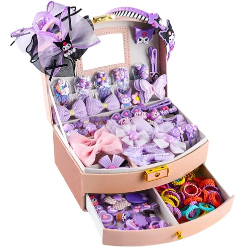 Hair Accessories for Girls, Purple Kuromi Hair Accessories Set including Hair Clips, Hair Ties, Hair Barrettes and Bows with Storage Box, Hair Accessories Gift Box for Kids Age 3-10 (KLM-03)