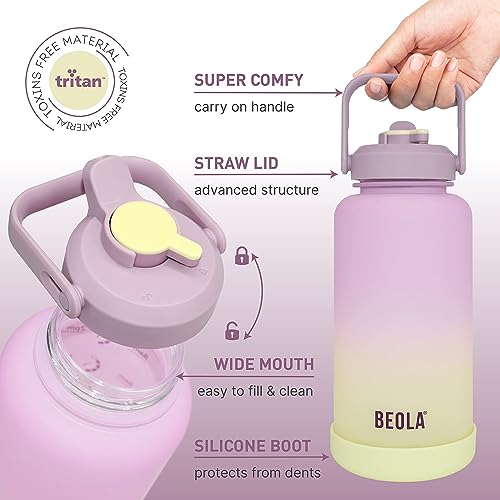 BEOLA 1000ml, 750ml, Motivational Water Bottle with Time Markers and Straw Lid, Tritan Plastic, BPA BPS FREE Leak Proof and Drop Resistant Office Bottles, 32oz, 25oz (Morning Rose, 1000ml)