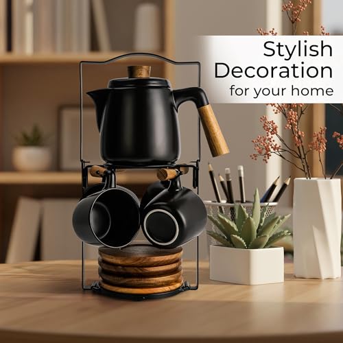 MIAMIO â€“ 1000 ml Ceramic Tea Pot Set with Infuser/Tea Strainer, 4 Ceramic Tea Mugs (300 ml), Bamboo Saucers/Handle and Rack for Home and Office (Black)