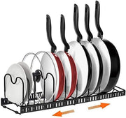 SKY-TOUCH Pot and Pan Organizers Rack : Expandable Pot Lid Organizer Holder with 10 Adjustable Compartment Cookware Plate Rack for Kitchen Cabinet Black - red 10 compartments