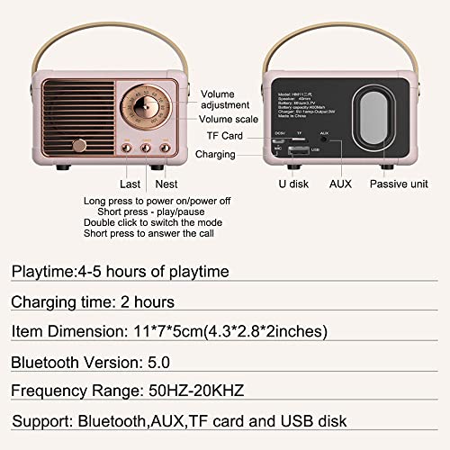 Baolira Retro Bluetooth Speaker, Portable Wireless Speaker with Crystal Clear Stereo Sound Rich Bass, Best Birthday Gifts Ideas for Women Teenage (Pink)