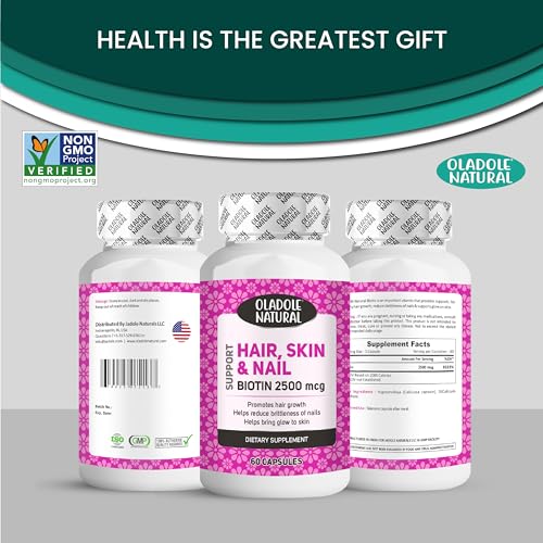 Oladole Natural Biotin 2500mcg - 60 Capsules | High Potency B Vitamin Blend For Stronger Hair, Radiant Skin, Long Nails, Supports Energy Beauty Support | Gluten-Free, Non-GMO