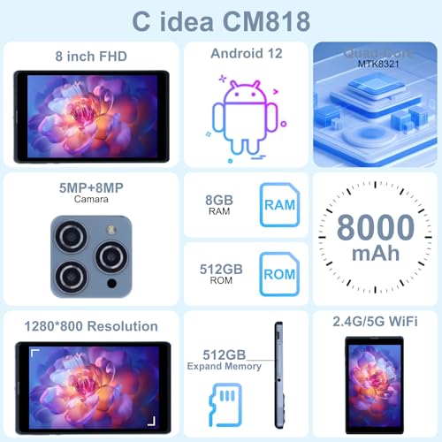 C idea 8 inch Tablet, Android 12.0 Tablet with SIM Card Slot Wifi/5G LTE 8GB RAM,512GB ROM Storage Dual 5MP Camera HD IPS Display, CM818(Gray)