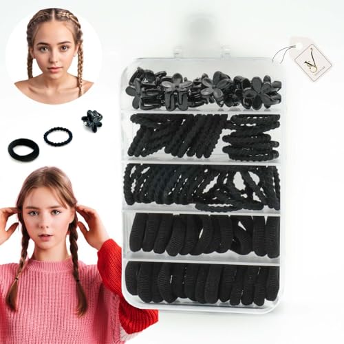 Viewstar 74 PCS Black Hair Ties Set - Durable Elastic Rubber Bands & Mini Claw Clips for Women & Girls ??No Damage, Strong Hold, Travel-Friendly Storage Box