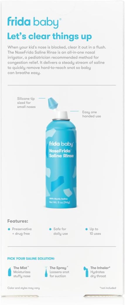 Frida Saline Rinse for Toddler, Kids, Ages 2+, Saline Rinse for Sinus, Instant Congestion Relief & Allergy Relief, Flush Out Allergens, Mucus, Pollen, Dust, Safe for Daily Use