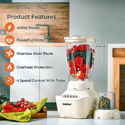Geepas GSB5409 250W 2 in 1 Multifunctional Blender | Stainless Steel Blades, 4 Speed Control with Pulse | 1.5L Jar, Over Heat Protection| Ice Crusher, Chopper, Coffee Grinder & Smoothie Maker