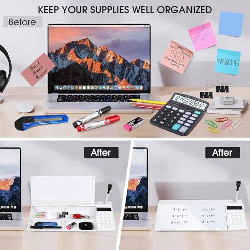 Angju Desktop Glass Whiteboard with Calculator, Organizer, Markers, Eraser, Holder - Small Dry Erase White Board Computer Pad Keyboard Stand for Home, School, Office Desk Cubicle Accessories