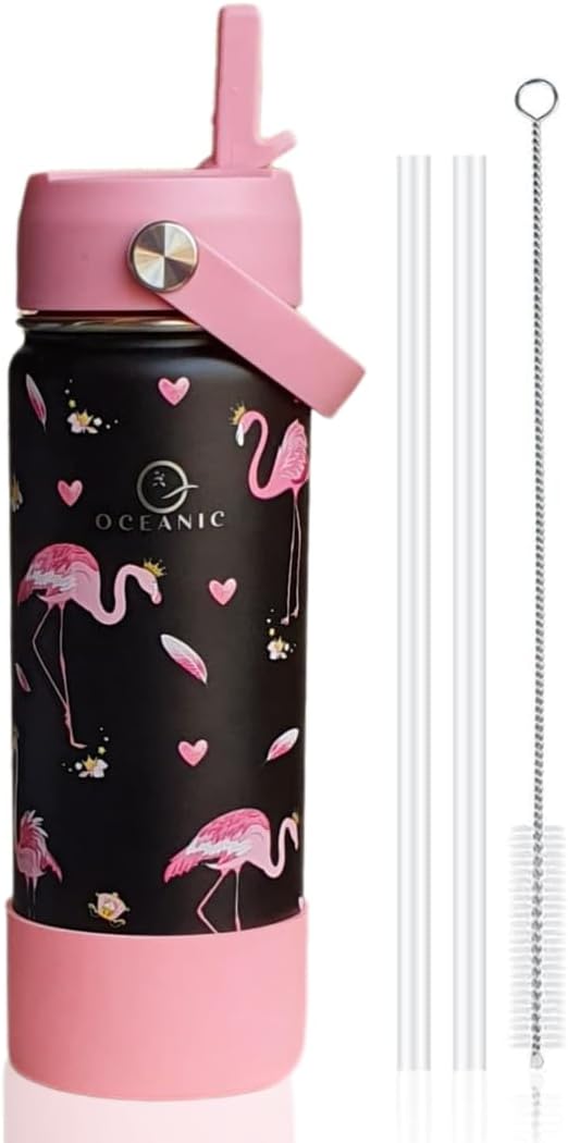 550ml Boys Stainless Steel Water Bottle Leak-Proof, Insulated Kids Water Flask for School, Sports, BPA-Free Water Stainless Steel Water Bottle - Flamingo 550ml
