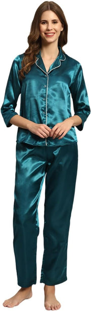 Styleville Satin Button Down Womens Regular Shirt & Pajama Set - Teal
