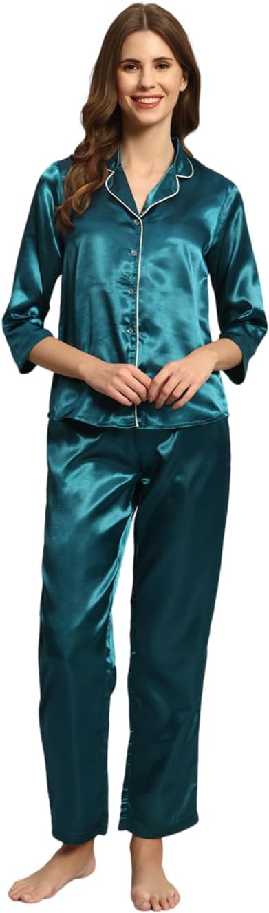 Styleville Satin Button Down Womens Regular Shirt & Pajama Set - Teal
