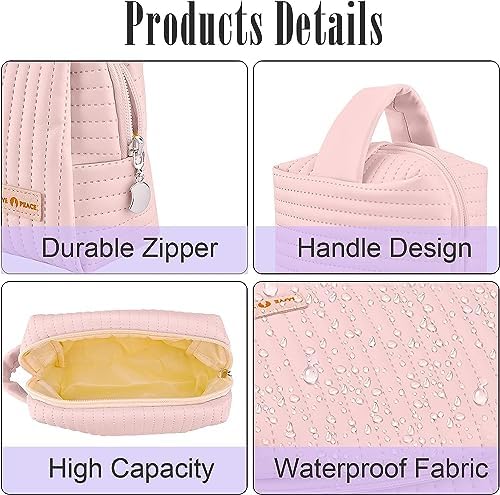 Small Makeup Bag, PU Striped Leather Cosmetic Bag, Portable Travel Makeup Pouch,Waterproof Cosmetic Pouch with Handle,Cute Makeup Bags for Women and Girls (Blue)