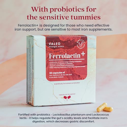 Valeo Ferrolactin+ | Iron with Vitamin C, B2, B12, Folic Acid and Live Cultures - 60 capsules