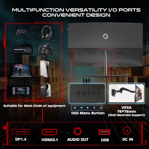 GAMEON GOC27F180VA Pro Series Curved Gaming Monitor 27 inch, 1920x1080p FHD Fast VA Panel, 180Hz, 0.5ms, HDMI 2.1, G-Sync & Freesync, Crosshair assistant, Built-in Speakers, Supports HDR, PS5, VRR