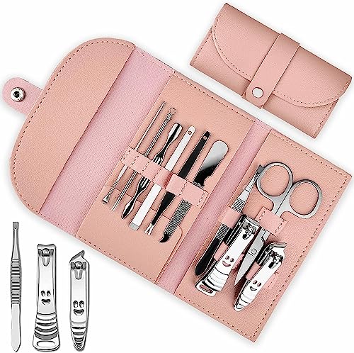 NALACAL Stainless Steel Manicure Set, Nail Clippers Portable Professional Pedicure Kit, Nail Care Tools Grooming Kit with Luxurious Travel Leather for Travel & Home, 10pcs (Pink)